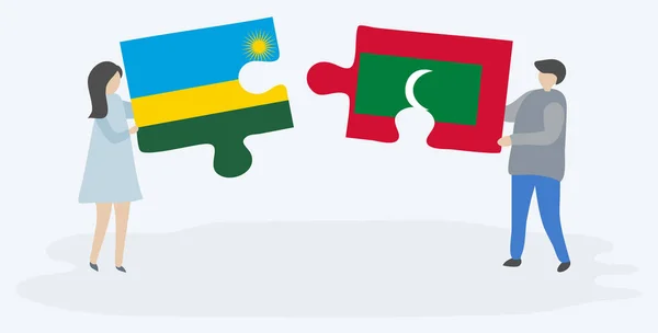Couple Holding Two Puzzles Pieces Rwandan Maldivian Flags Rwanda Maldives — Stock Vector