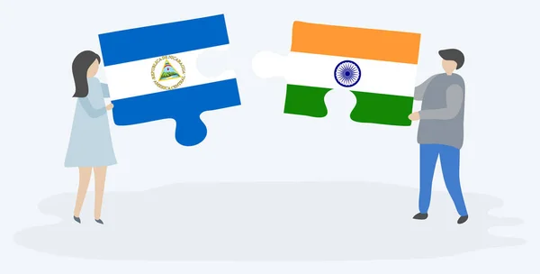 Casal Segurando Duas Peças Quebra Cabeças Com Bandeiras Nicarágua Índia — Vetor de Stock