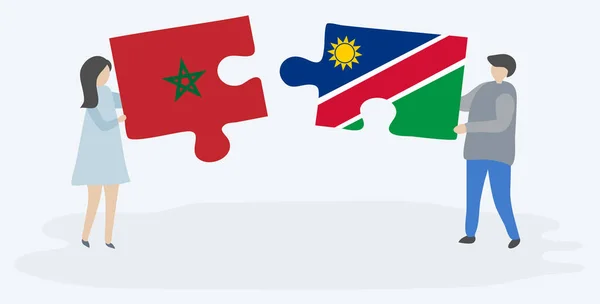 Pareja Sosteniendo Dos Piezas Rompecabezas Con Banderas Marroquíes Namibias Marruecos — Vector de stock
