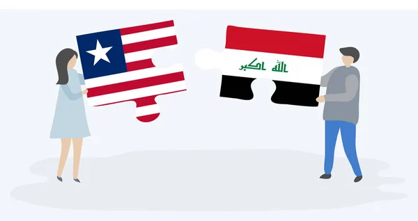 リベリアとイラクの旗を持つ2つのパズルのピースを保持しているカップル リベリアとイラクの国のシンボル — ストックベクタ