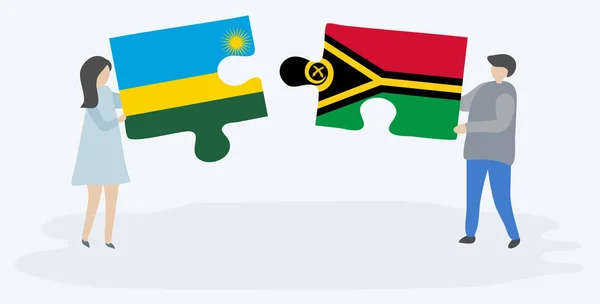 Casal Segurando Duas Peças Quebra Cabeças Com Bandeiras Ruandesas Vanuatuanas — Vetor de Stock