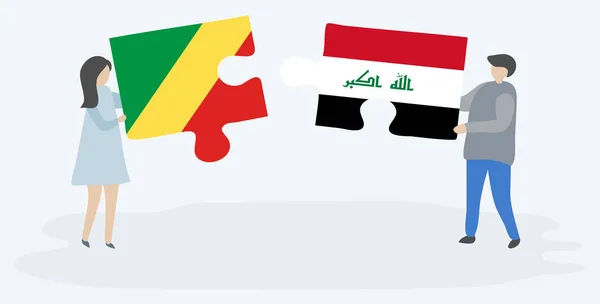 Couple Tenant Deux Pièces Puzzles Avec Des Drapeaux Congolais Irakiens — Image vectorielle