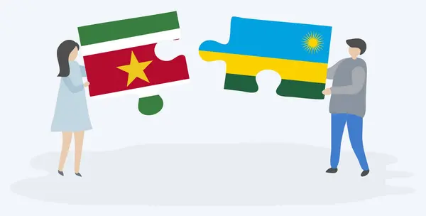Couple Holding Two Puzzles Pieces Surinamese Rwandan Flags Suriname Rwanda — Stock Vector