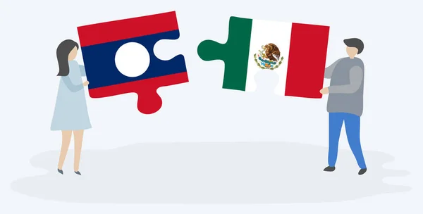 Pareja Sosteniendo Dos Piezas Rompecabezas Con Banderas Laos México Laos — Vector de stock