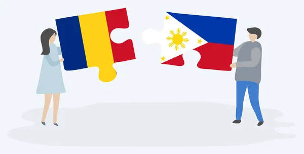 Couple Tenant Deux Pièces Puzzles Avec Des Drapeaux Roumains Philippins — Image vectorielle