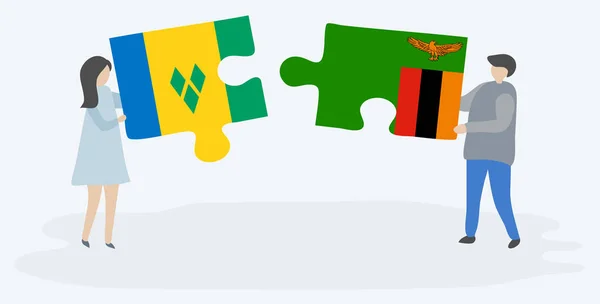 Couple Holding Two Puzzles Pieces Vincentian Zambian Flags Saint Vincent — Stock Vector