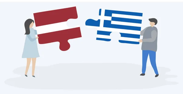Ζευγάρι Που Κρατά Δύο Κομμάτια Παζλ Λεττονικά Και Ελληνικές Σημαίες — Διανυσματικό Αρχείο