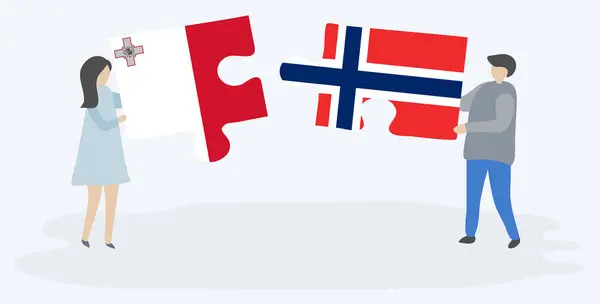 Ζευγάρι Που Κρατά Δύο Κομμάτια Παζλ Μαλτέζικες Και Νορβηγικές Σημαίες — Διανυσματικό Αρχείο