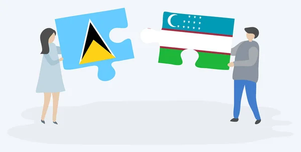 Couple Holding Two Puzzles Pieces Saint Lucian Uzbek Flags Saint — Stock Vector