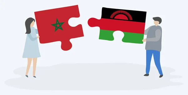 Couple Tenant Deux Pièces Puzzles Avec Des Drapeaux Marocains Malawiens — Image vectorielle