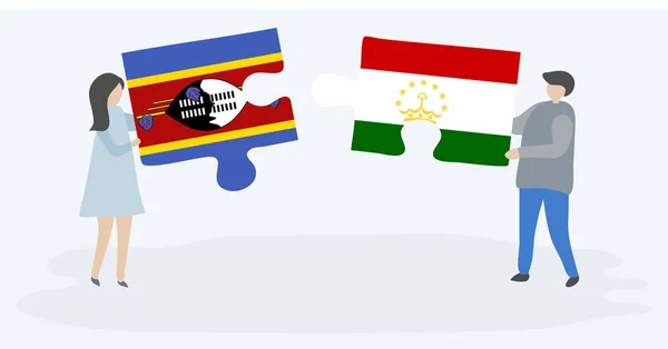 Пара Держащая Две Головоломки Свази Таджикскими Флагами Государственные Символы Свазиленда — стоковый вектор