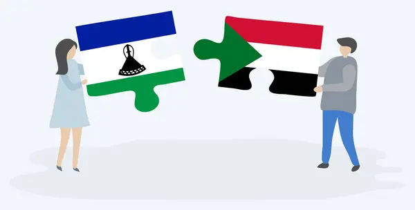Dvojice Drží Dvě Skládanky Basotho Súdánskými Vlajkami Lesotho Súdánská Národní — Stockový vektor