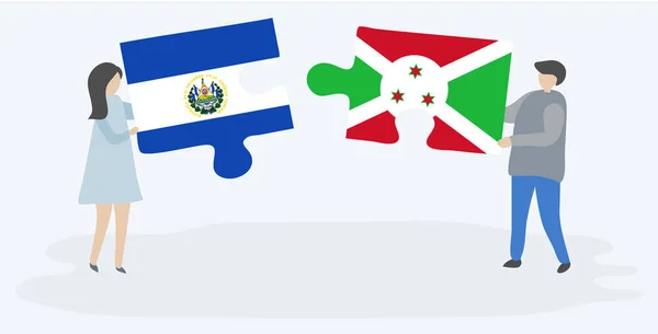 Para Trzyma Dwa Kawałki Puzzli Salwador Burundyjski Flagi Salwador Burundi — Wektor stockowy