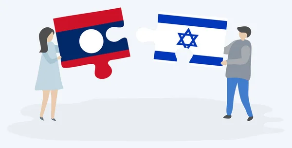 Paar Houden Twee Puzzels Stukken Met Lao Israëlische Vlaggen Laos — Stockvector