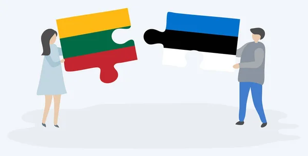 Paar Houden Twee Puzzels Stukken Met Litouwse Estse Vlaggen Litouwen — Stockvector