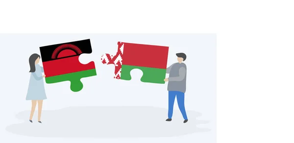 Couple Tenant Deux Pièces Puzzles Avec Des Drapeaux Malawiens Biélorusses — Image vectorielle