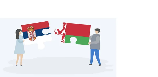 Paar Houden Twee Puzzels Stukken Met Servische Wit Russische Vlaggen — Stockvector