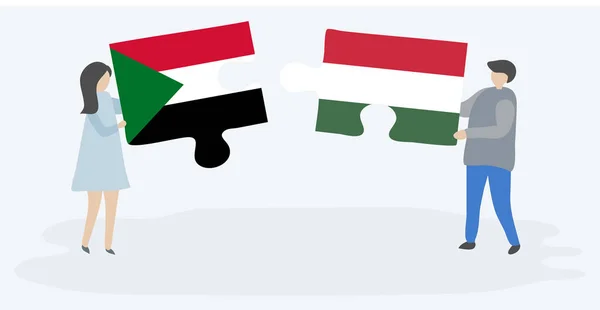 Пара Держащая Две Головоломки Суданскими Венгерскими Флагами Государственные Символы Судана — стоковый вектор