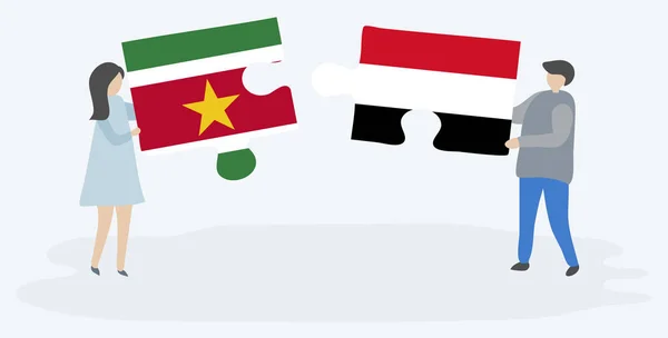 Pareja Sosteniendo Dos Piezas Rompecabezas Con Banderas Surinamesas Yemeníes Surinam — Vector de stock