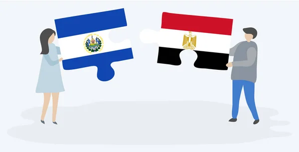 Couple Tenant Deux Pièces Puzzles Avec Des Drapeaux Salvadoriens Égyptiens — Image vectorielle