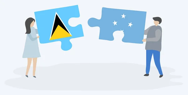 Para Trzyma Dwa Kawałki Puzzli Saint Lucian Mikronezyjskich Flag Symbole — Wektor stockowy