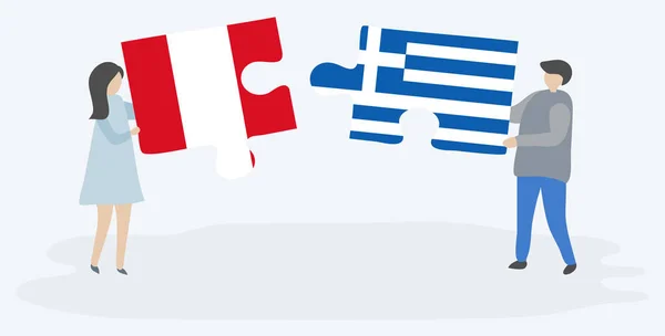 ペルーとギリシャの旗を持つ2つのパズルのピースを保持しているカップル ペルーとギリシャのシンボル — ストックベクタ