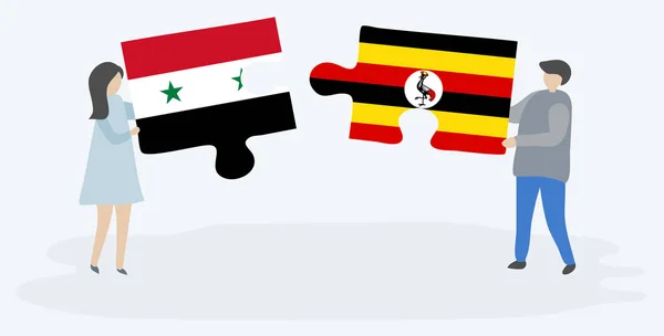 Casal Segurando Duas Peças Quebra Cabeças Com Bandeiras Sírias Ugandenses —  Vetores de Stock