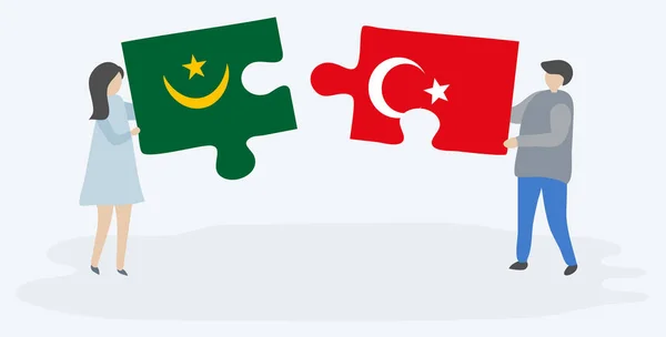 Casal Segurando Duas Peças Quebra Cabeças Com Bandeiras Mauritanas Turcas —  Vetores de Stock