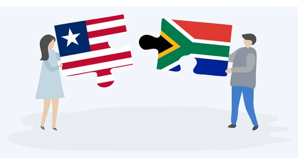 Par Som Innehar Två Pusselbitar Med Liberian Och Sydafrikanska Flaggor — Stock vektor