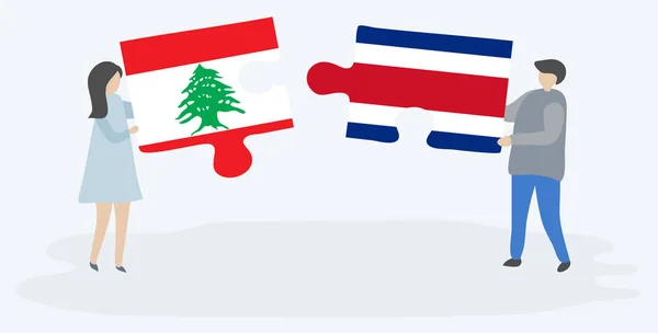 Para Trzyma Dwa Kawałki Puzzli Libańskich Kostarykańskimi Flagami Liban Kostaryka — Wektor stockowy
