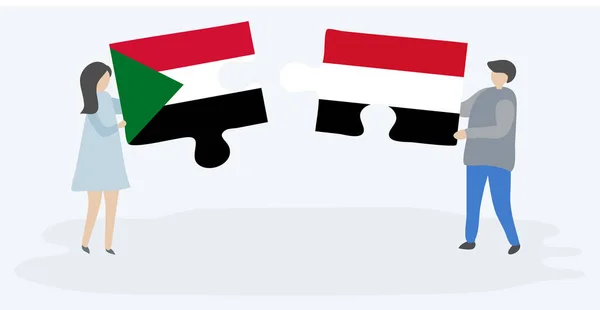 Casal Segurando Duas Peças Quebra Cabeças Com Bandeiras Sudanesas Iemenitas — Vetor de Stock