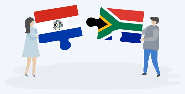 Paar Mit Zwei Puzzleteilen Mit Paraguayischen Und Südafrikanischen Flaggen Nationalsymbole — Stockvektor
