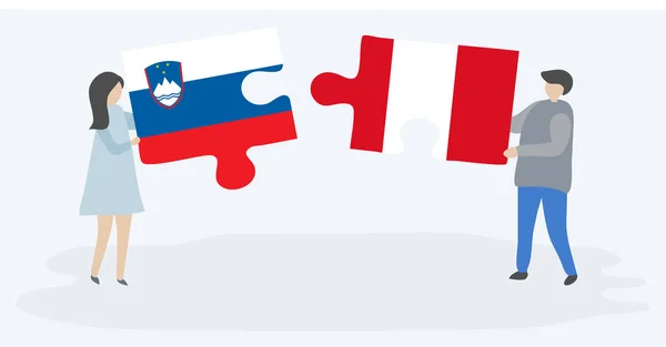 一对夫妇拿着两个拼图 上面挂着斯洛文尼亚和秘鲁国旗 斯洛文尼亚和秘鲁国家符号在一起 — 图库矢量图片