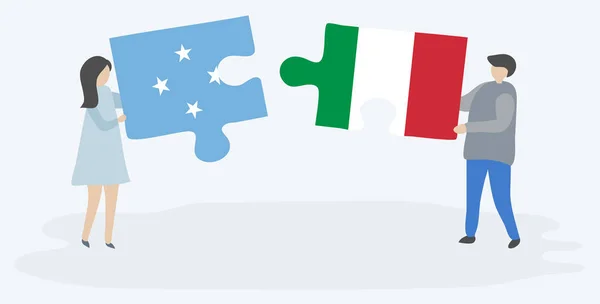 Pareja Sosteniendo Dos Piezas Rompecabezas Con Banderas Micronesia Italia Micronesia — Vector de stock