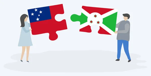 Samoa Burundi Bayrakları Ile Iki Bulmaca Parçaları Tutan Çift Samoa — Stok Vektör