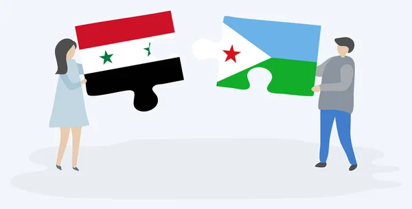 Casal Segurando Duas Peças Quebra Cabeças Com Bandeiras Sírias Jibutianas — Vetor de Stock
