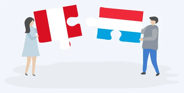 Casal Segurando Duas Peças Quebra Cabeças Com Bandeiras Peruanas Luxemburguesas — Vetor de Stock