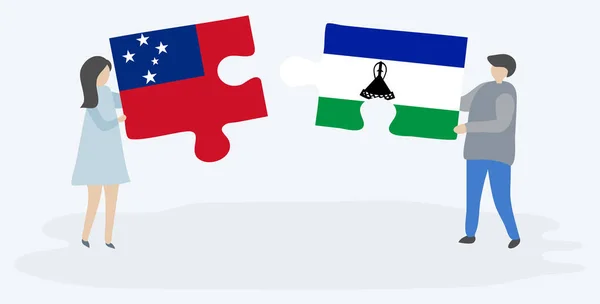 Couple Tenant Deux Pièces Puzzles Avec Des Drapeaux Samoan Basotho — Image vectorielle