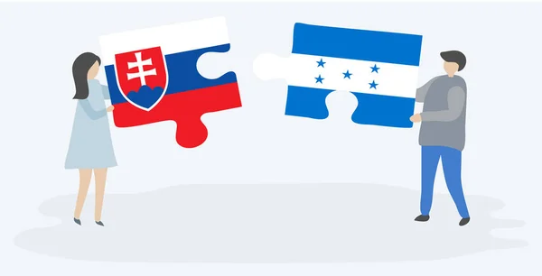 スロバキアとホンジュラスの旗を持つ2つのパズルピースを保持しているカップル スロバキアとホンジュラスの国のシンボル — ストックベクタ