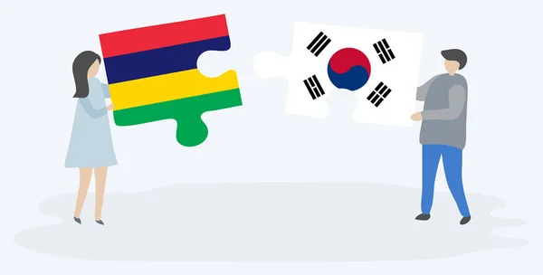 Pár Jich Drží Dvě Skládanky Mauranskými Jihokorejskými Vlajkami Národní Symboly — Stockový vektor
