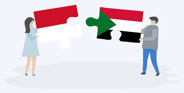 Couple Holding Two Puzzles Pieces Monegasque Sudanese Flags Monaco Sudan — Stock Vector