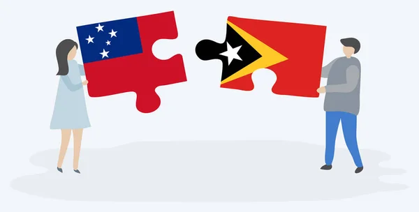 Samoa Timorese Bayrakları Ile Iki Bulmaca Parçaları Tutan Çift Samoa — Stok Vektör