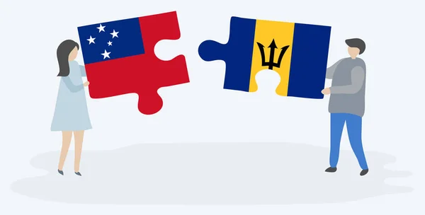 Casal Segurando Duas Peças Quebra Cabeças Com Bandeiras Samoanas Barbadianas — Vetor de Stock