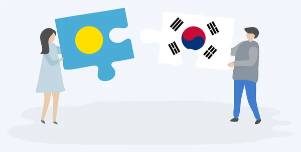 一对夫妇拿着两块拼图 上面挂着帕劳和韩国国旗 帕劳和韩国国家符号在一起 — 图库矢量图片