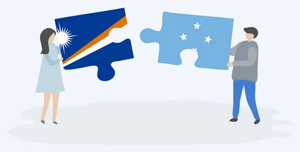 Paar Houden Twee Puzzels Stukken Met Marshallese Micronesian Vlaggen Marshall — Stockvector
