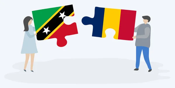 Casal Segurando Duas Peças Quebra Cabeças Com Bandeiras Kittitian Chadian — Vetor de Stock