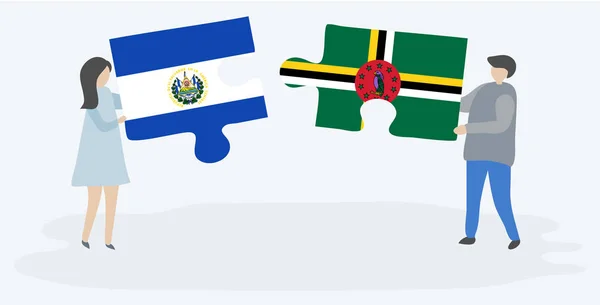 Para Trzyma Dwa Kawałki Puzzli Salwador Flagi Dominikany Symbole Narodowe — Wektor stockowy