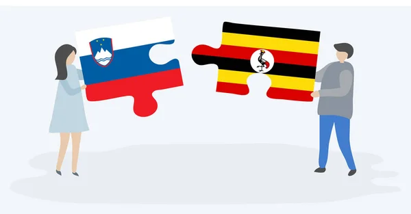 Paar Mit Zwei Puzzleteilen Mit Slowenischen Und Ugandischen Flaggen Slowenien — Stockvektor