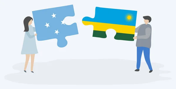 Couple Tenant Deux Pièces Puzzles Avec Des Drapeaux Micronésiens Rwandais — Image vectorielle