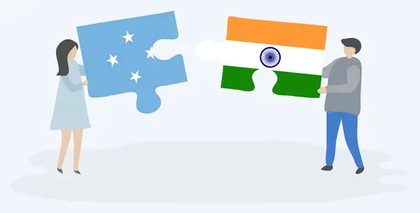 Пара Держащих Две Головоломки Микронезийскими Индийскими Флагами Микронезия Индия Вместе — стоковый вектор